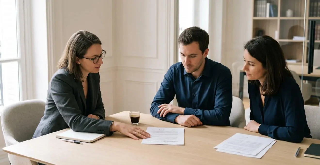Entretien professionnel dans un bureau d'avocat parisien contemporain : deux personnes concentrées sur l'examen de documents de rupture conventionnelle posés sur une table de réunion sobre, lumière naturelle douce, palette neutre et épurée
