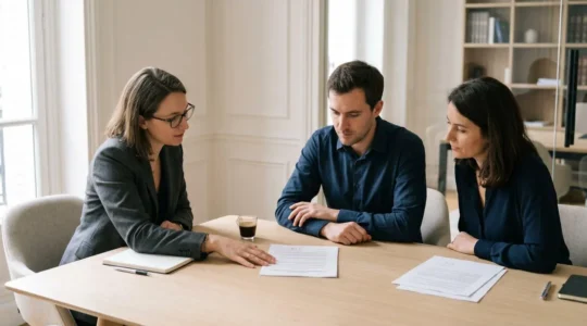 Entretien professionnel dans un bureau d'avocat parisien contemporain : deux personnes concentrées sur l'examen de documents de rupture conventionnelle posés sur une table de réunion sobre, lumière naturelle douce, palette neutre et épurée